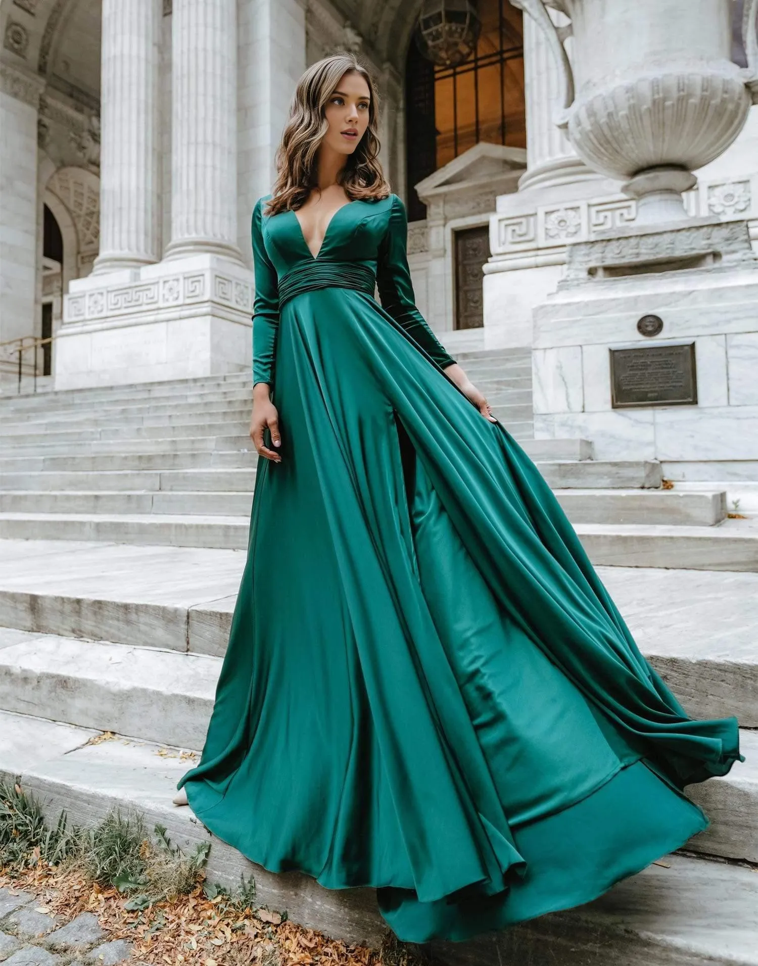 Formal Women's Dresses/ A-Line Long Sleeve Low V-Neck High Slit Formal Evening Dress Prom Dress/ Dress For Formal