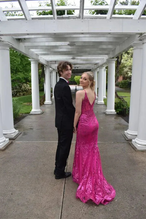 Formal Women's Dresses Fuchsia Sequined Mermaid Long Prom Dress Formal Party Gown Prom Clothing