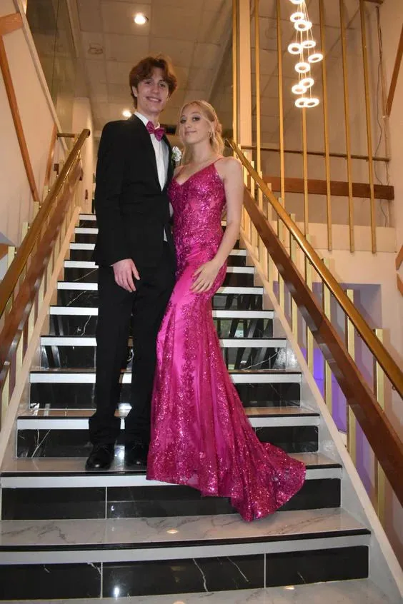 Formal Women's Dresses Fuchsia Sequined Mermaid Long Prom Dress Formal Party Gown Prom Clothing