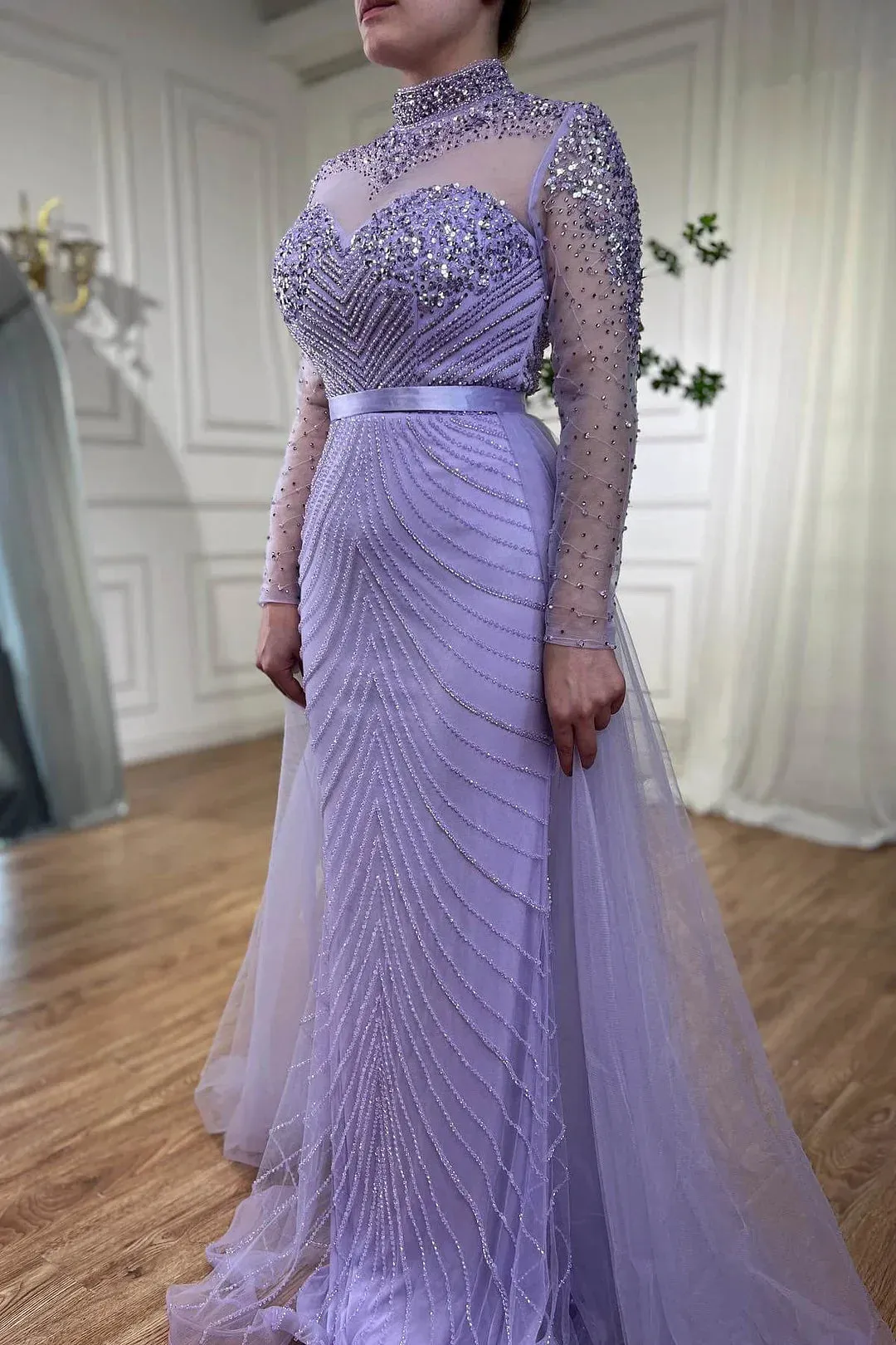 Formal Women's Dresses Lilac Elegant Beading Long Sleeves High Neck Tulle Formal Party Dress Prom Dress Stores