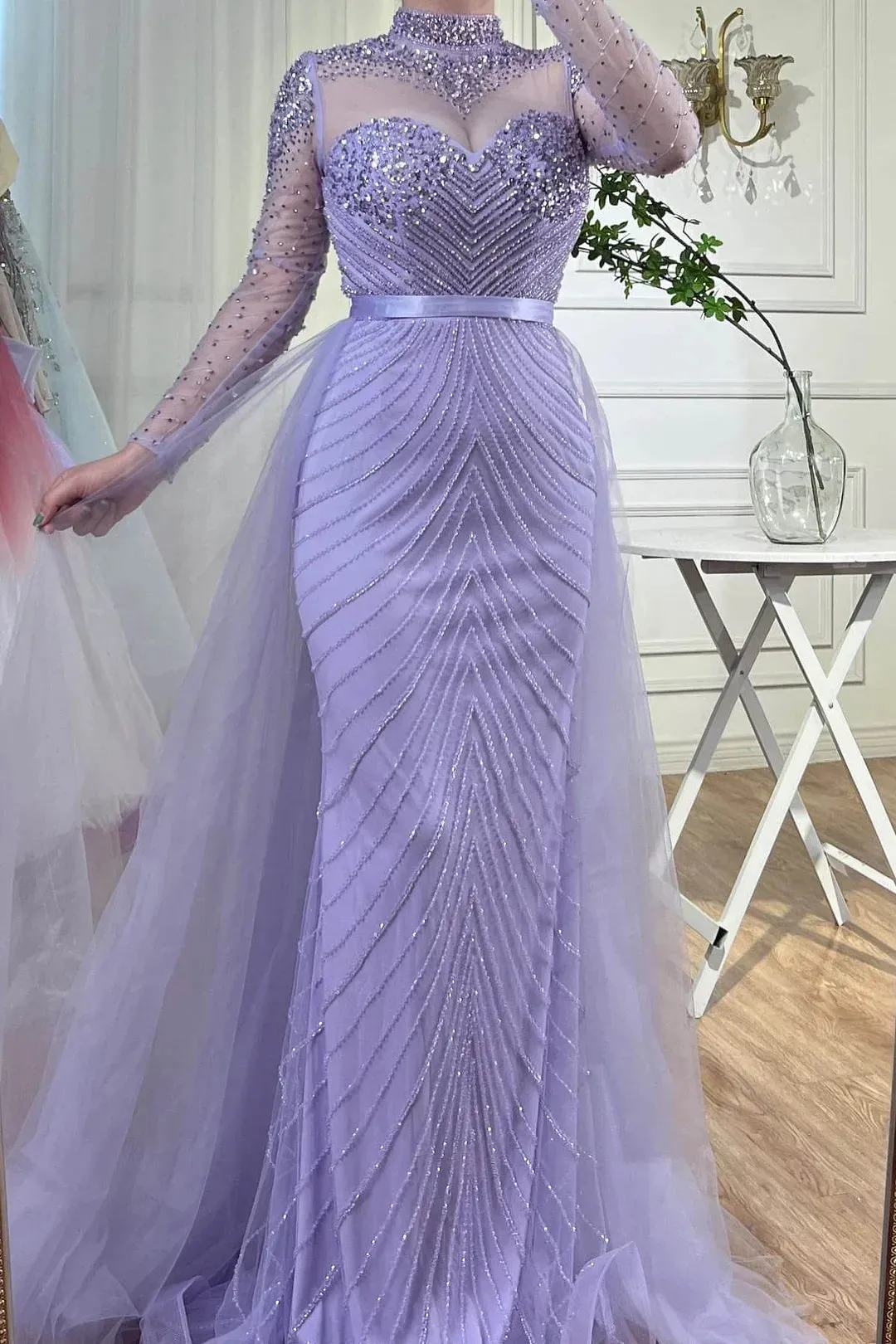 Formal Women's Dresses Lilac Elegant Beading Long Sleeves High Neck Tulle Formal Party Dress Prom Dress Stores