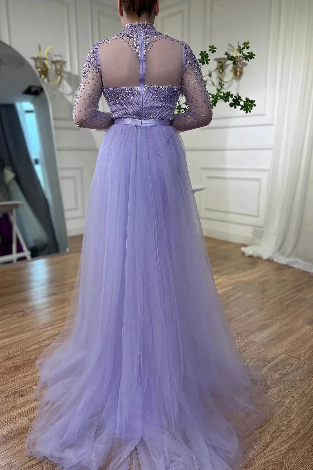 Formal Women's Dresses Lilac Elegant Beading Long Sleeves High Neck Tulle Formal Party Dress Prom Dress Stores