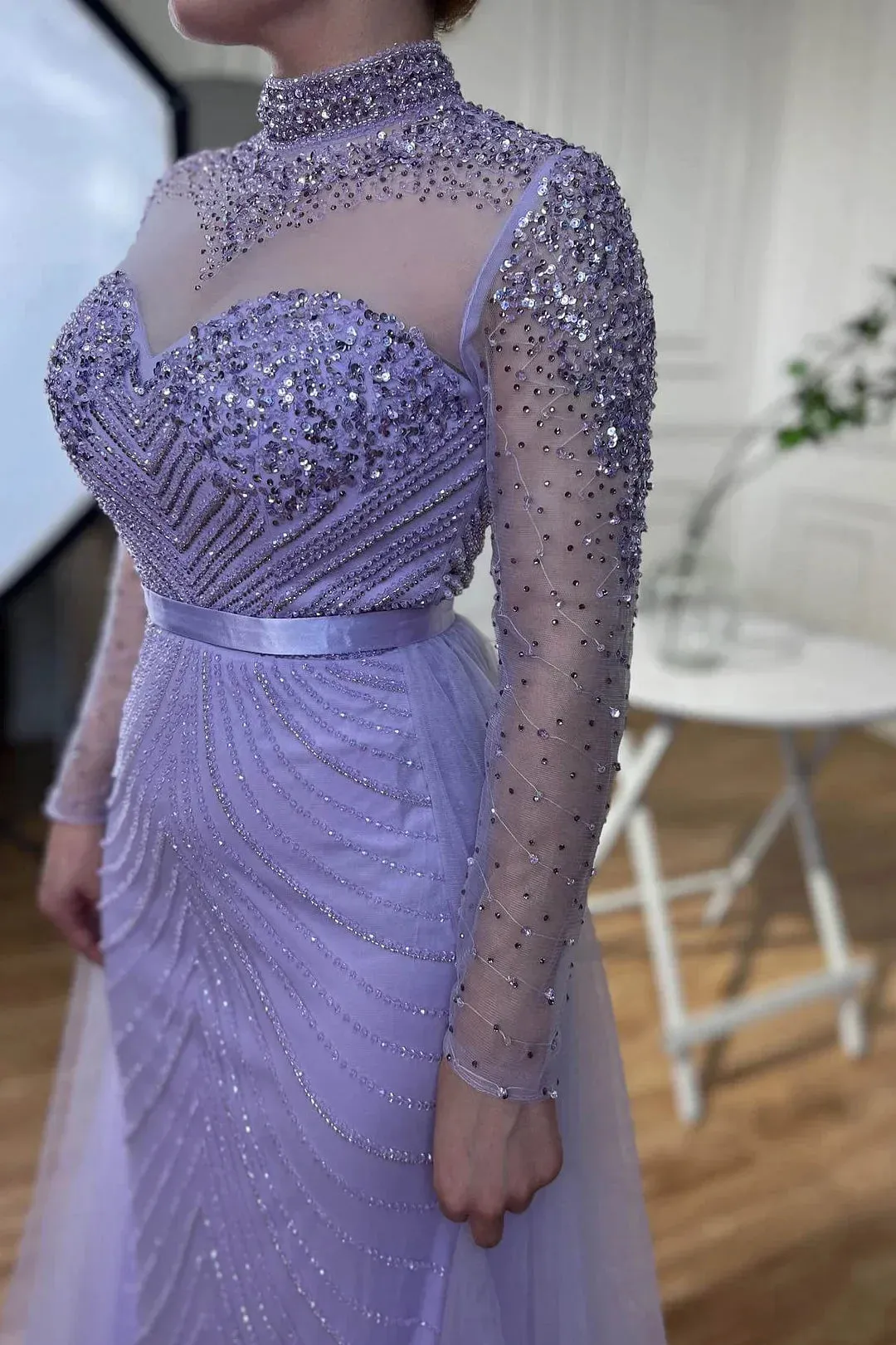 Formal Women's Dresses Lilac Elegant Beading Long Sleeves High Neck Tulle Formal Party Dress Prom Dress Stores
