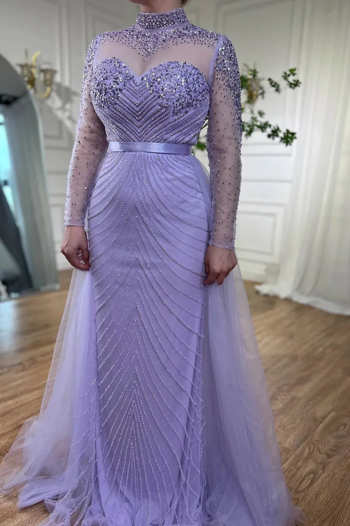 Formal Women's Dresses Lilac Elegant Beading Long Sleeves High Neck Tulle Formal Party Dress Prom Dress Stores