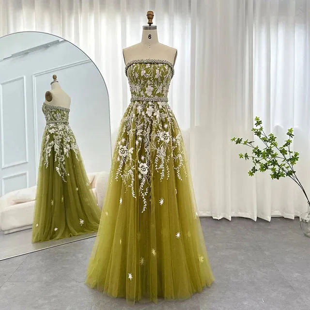 Formal Women's Dresses Olive Green Elegant Strapless Evening Dress Formal Prom Gowns with Beading Prom Clothing