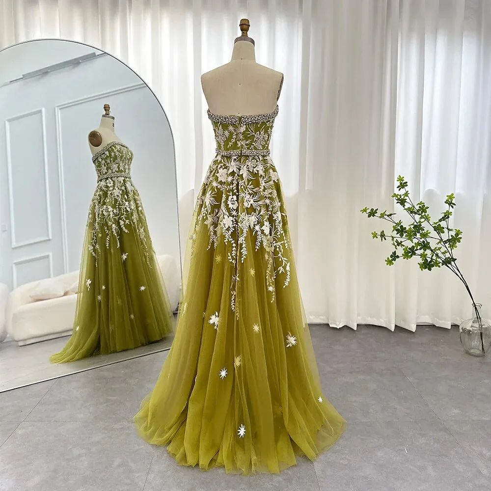 Formal Women's Dresses Olive Green Elegant Strapless Evening Dress Formal Prom Gowns with Beading Prom Clothing