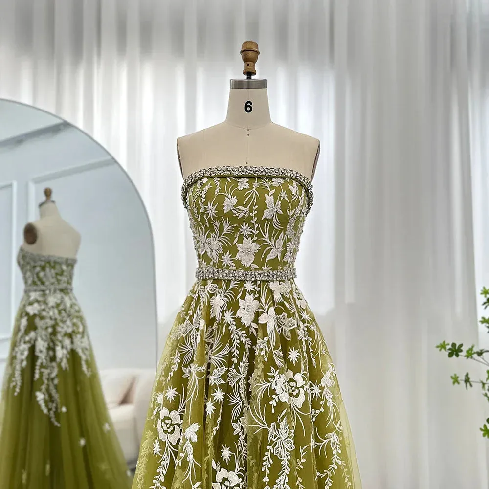 Formal Women's Dresses Olive Green Elegant Strapless Evening Dress Formal Prom Gowns with Beading Prom Clothing