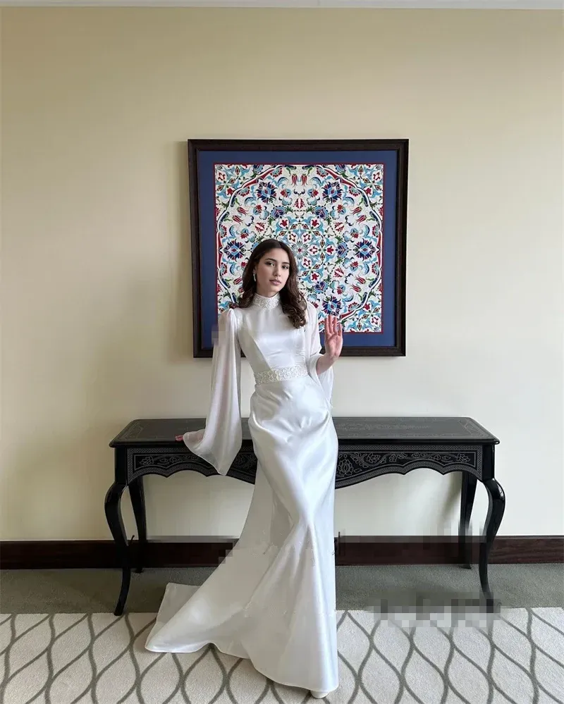 Formal Women's Dresses White High Neck Long Sleeves Formal Party Dress Prom Dress Stores