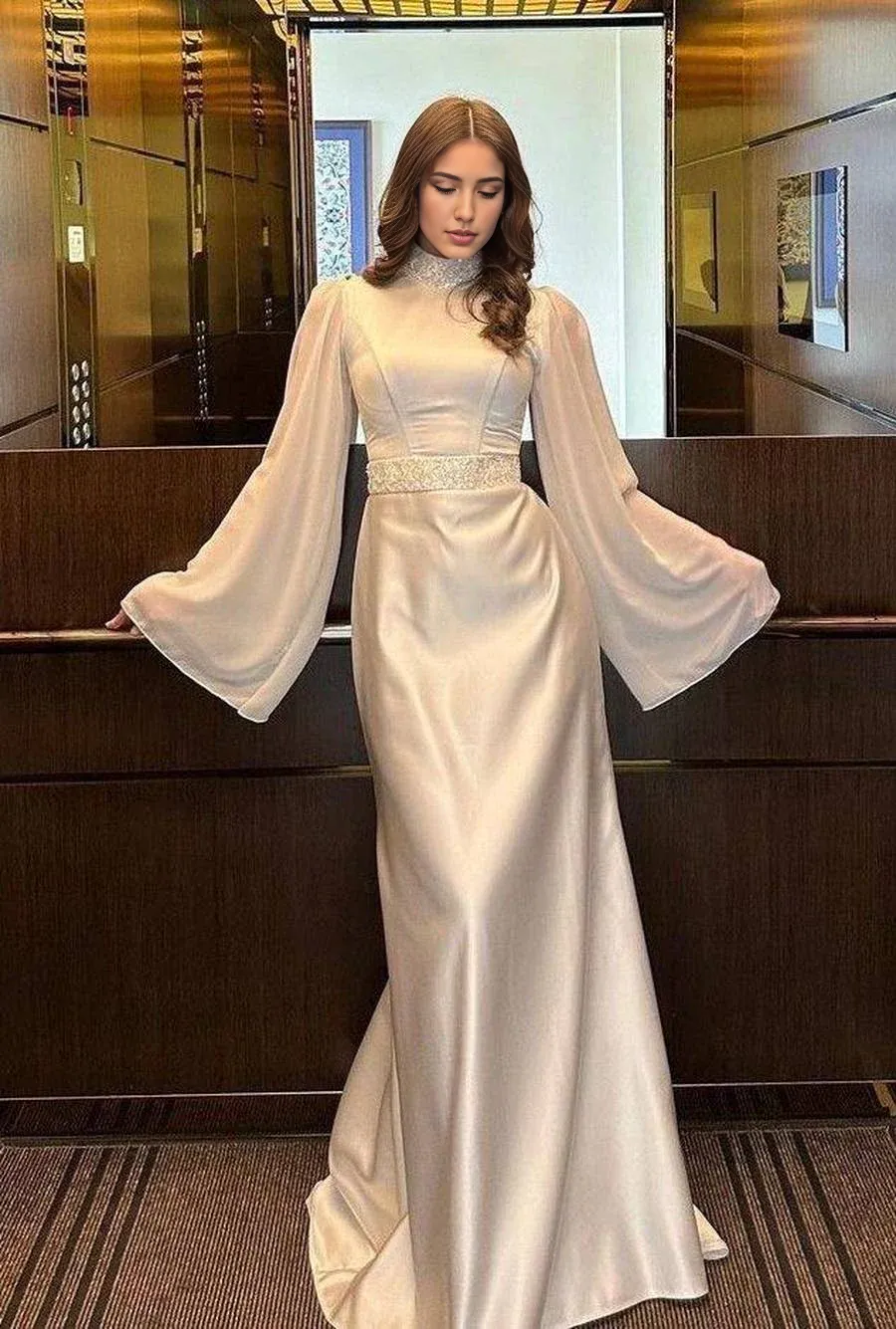 Formal Women's Dresses White High Neck Long Sleeves Formal Party Dress Prom Dress Stores