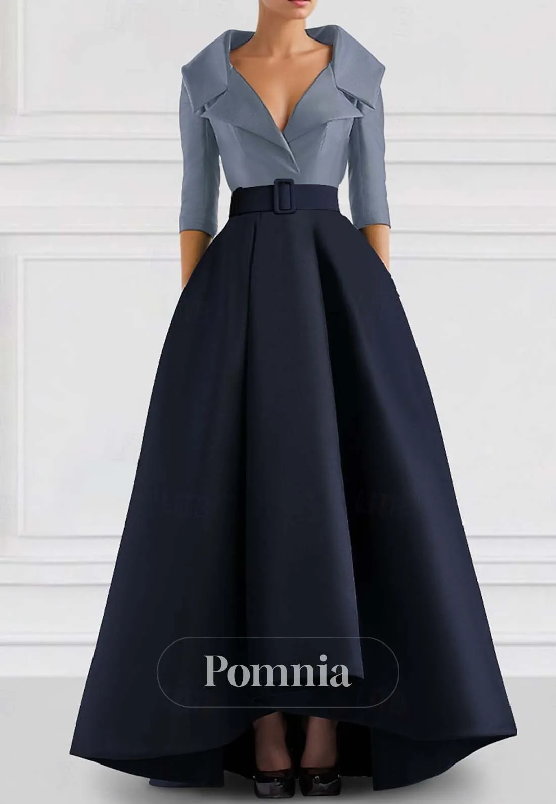 Half Sleeves V-Neck Empire-Waist Ballgown Evening Formal Dress