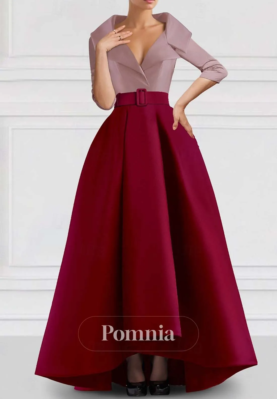 Half Sleeves V-Neck Empire-Waist Ballgown Evening Formal Dress
