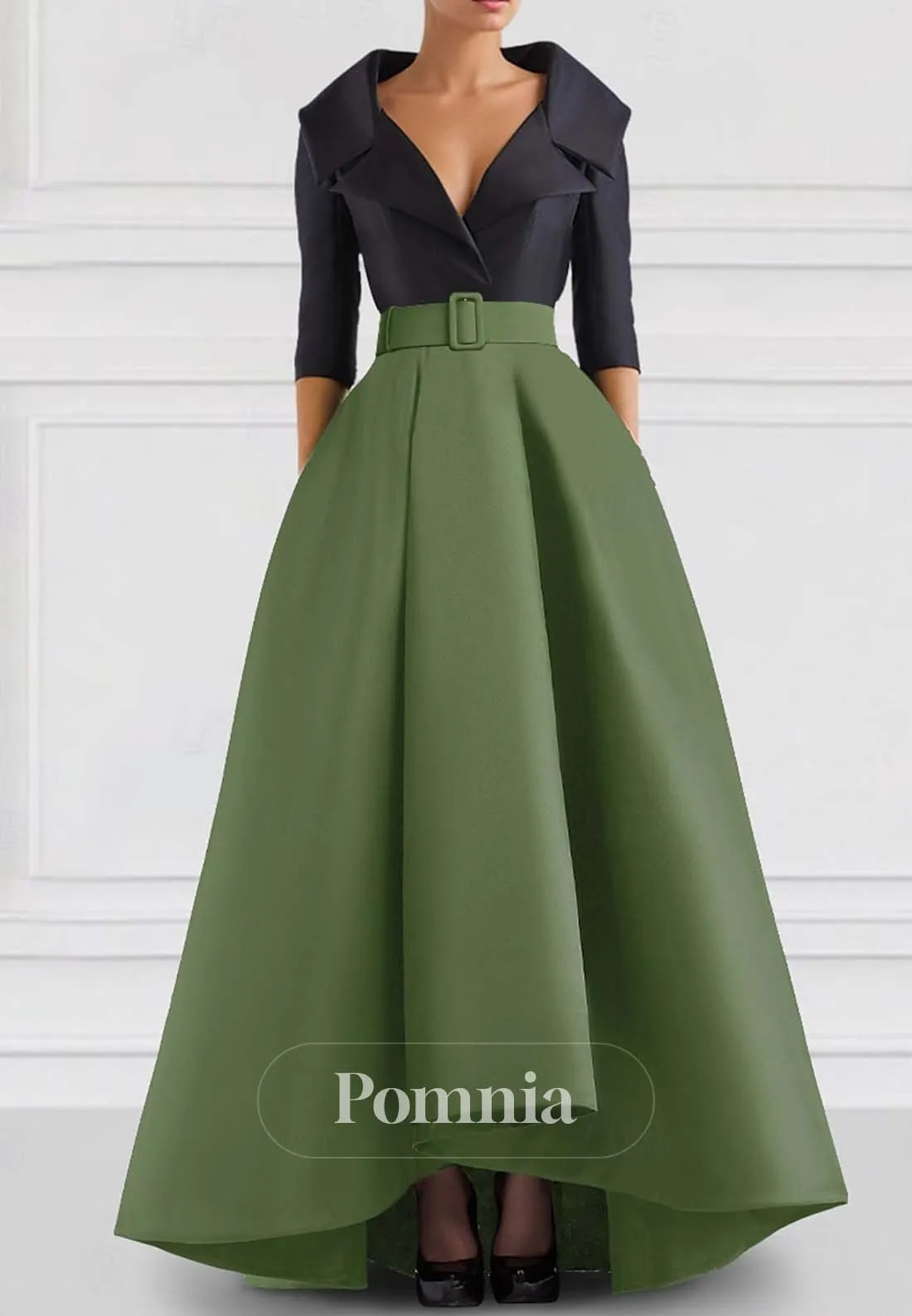 Half Sleeves V-Neck Empire-Waist Ballgown Evening Formal Dress