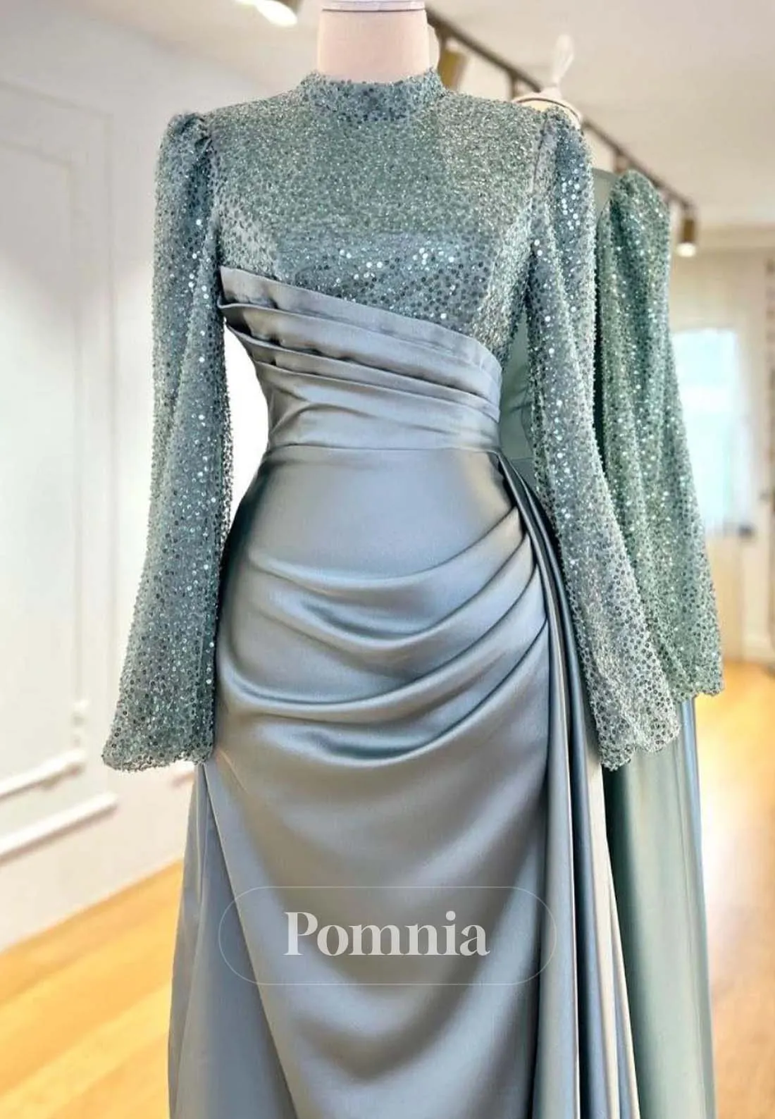 High Neck Long Sleeves Sequins Satin Formal Evening Dress