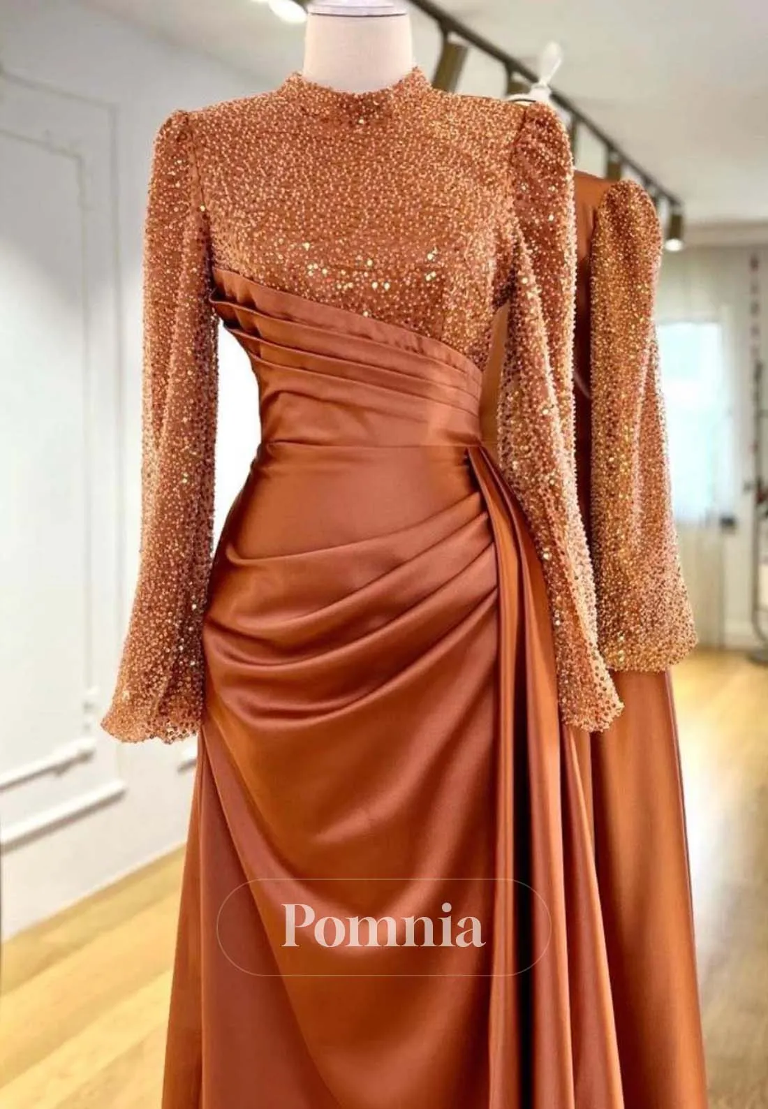 High Neck Long Sleeves Sequins Satin Formal Evening Dress