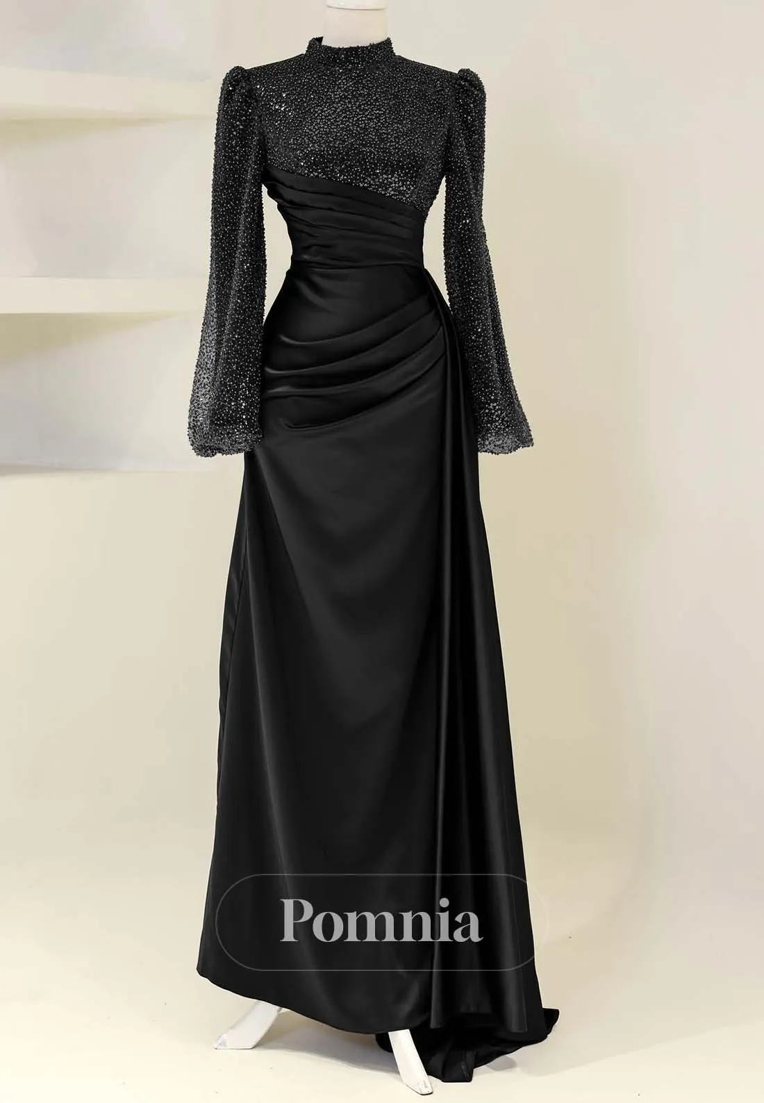 High Neck Long Sleeves Sequins Satin Formal Evening Dress