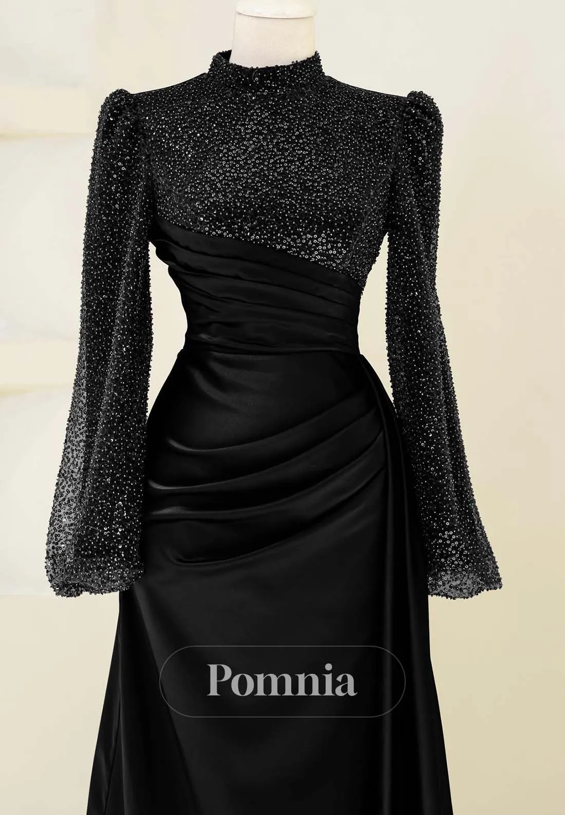 High Neck Long Sleeves Sequins Satin Formal Evening Dress