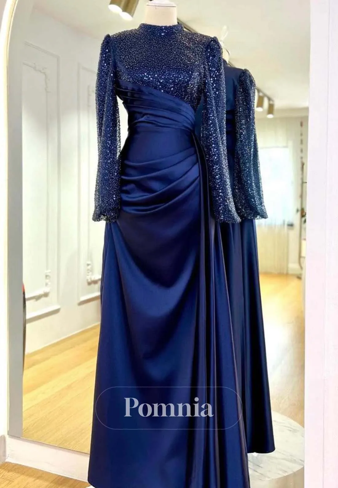 High Neck Long Sleeves Sequins Satin Formal Evening Dress