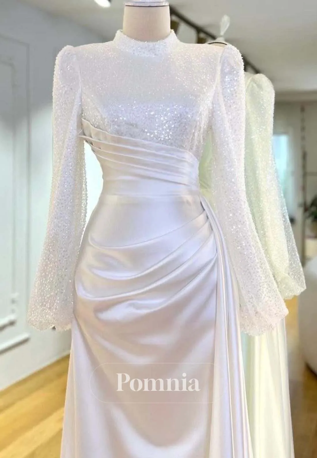 High Neck Long Sleeves Sequins Satin Formal Evening Dress