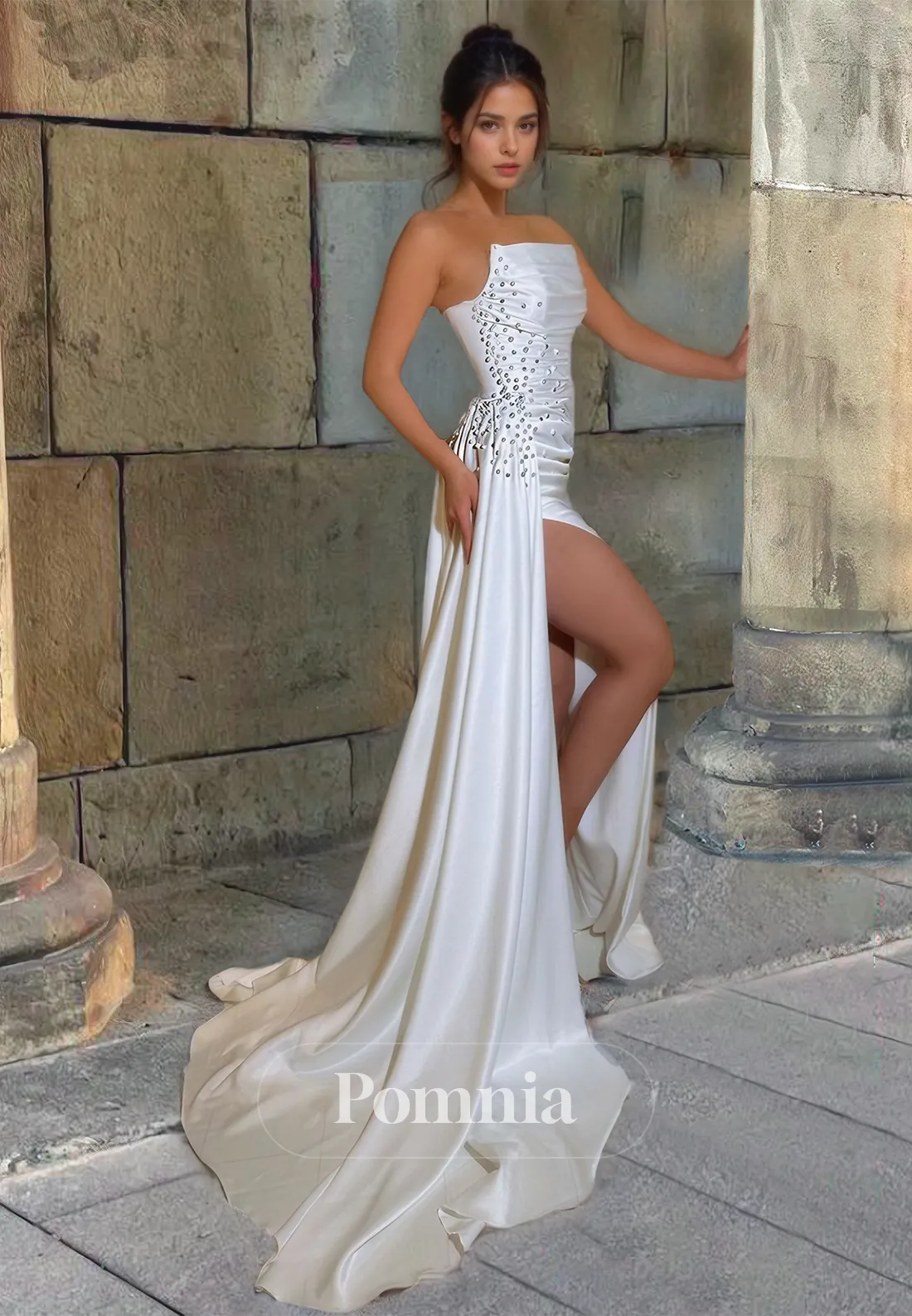 P1632 - Off Shoulder Scoop Beads Side Split Sleeveless Prom Evening Formal Dress