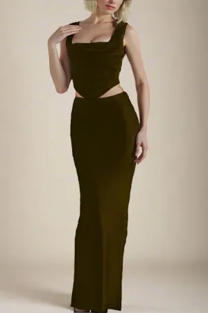 Sabrina Wrap Top and Maxi Skirt Outfit Set - Chocolate Brown