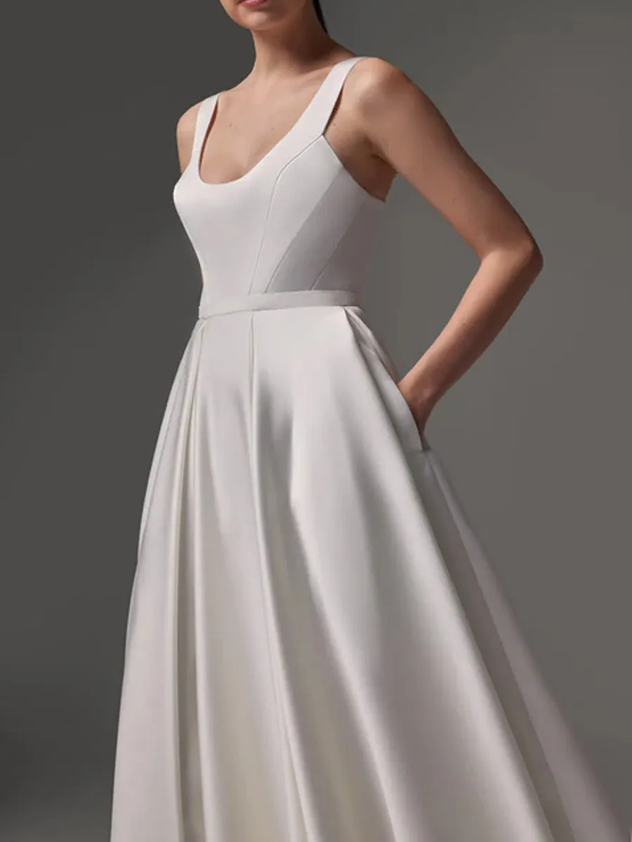 Satin Tea Length Wedding Dress With Scoop Neckline