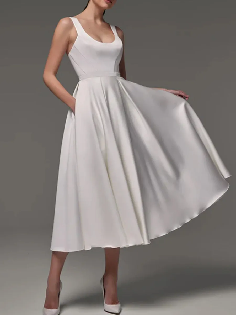 Satin Tea Length Wedding Dress With Scoop Neckline