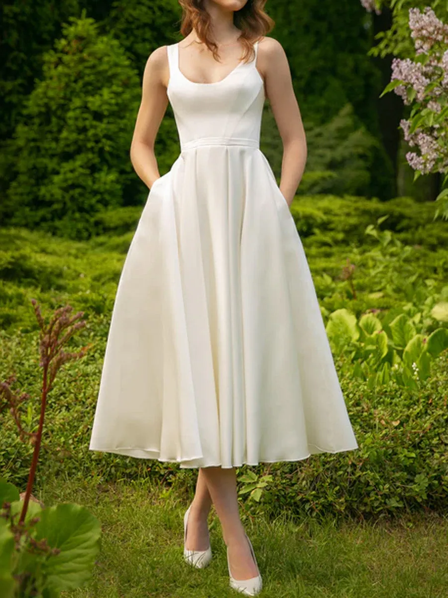 Satin Tea Length Wedding Dress With Scoop Neckline