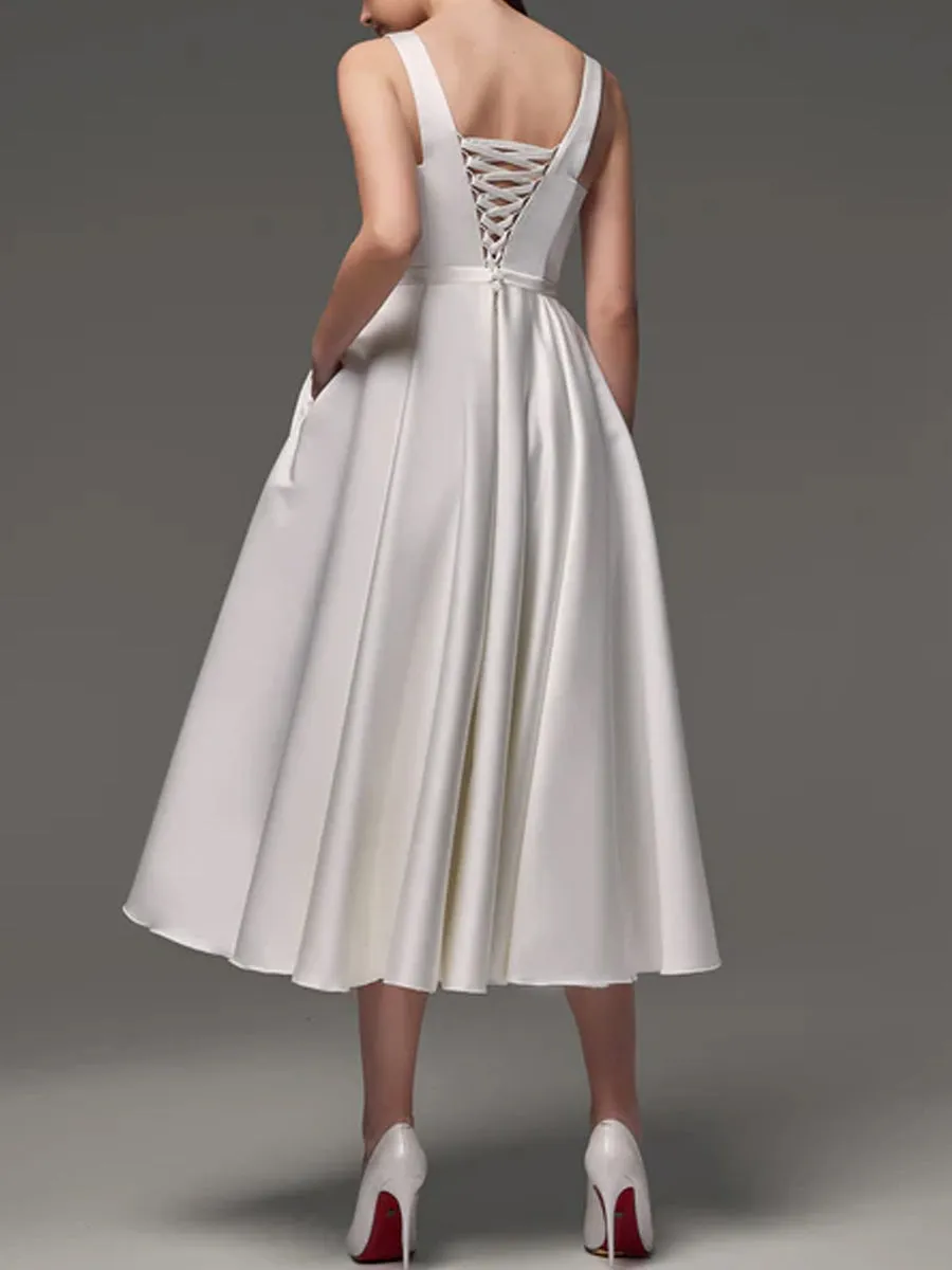 Satin Tea Length Wedding Dress With Scoop Neckline