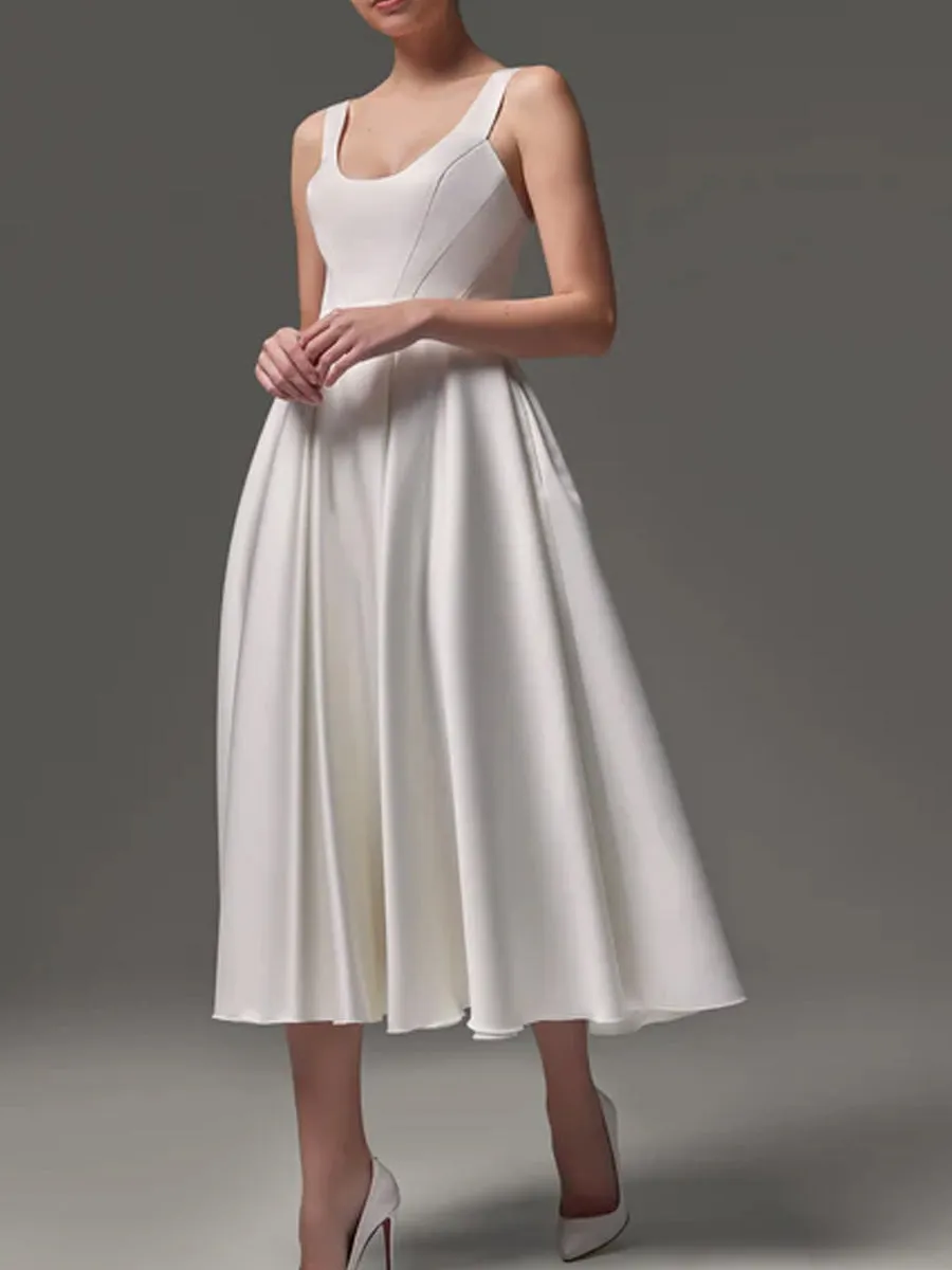 Satin Tea Length Wedding Dress With Scoop Neckline