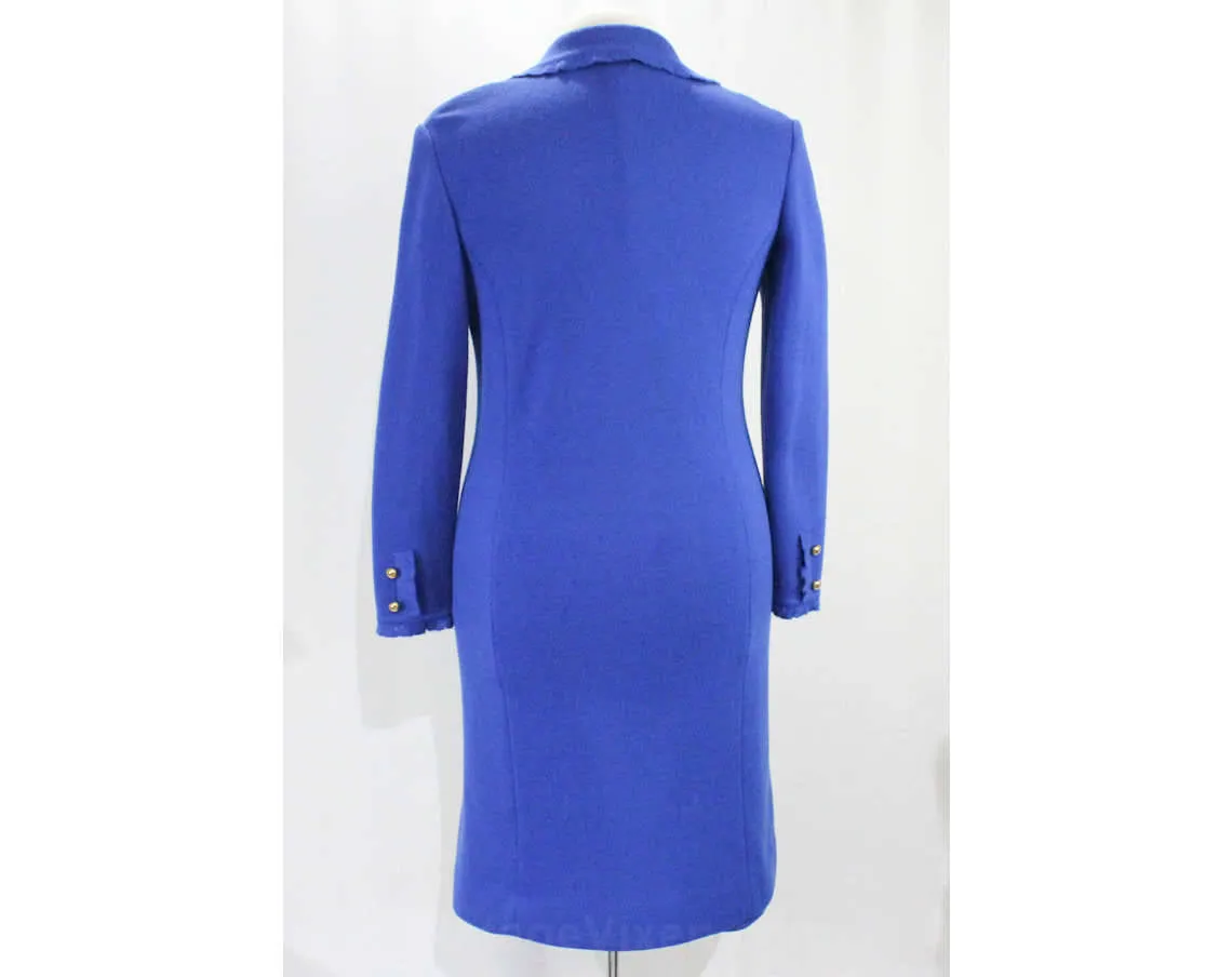 Size 4 Cobalt Blue Dress & Coat - 1960s Wool Knit Long Sleeve Sheath with Brass Nautical Buttons - 60s Double Breasted Office Wear - Bust 35