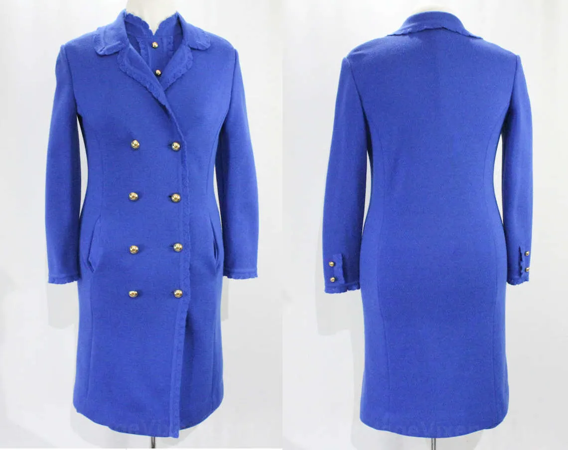 Size 4 Cobalt Blue Dress & Coat - 1960s Wool Knit Long Sleeve Sheath with Brass Nautical Buttons - 60s Double Breasted Office Wear - Bust 35