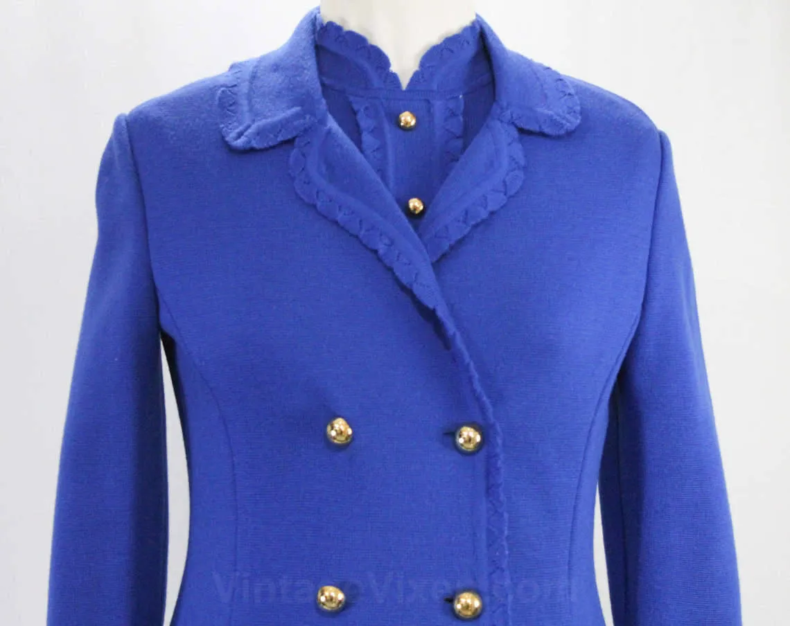 Size 4 Cobalt Blue Dress & Coat - 1960s Wool Knit Long Sleeve Sheath with Brass Nautical Buttons - 60s Double Breasted Office Wear - Bust 35