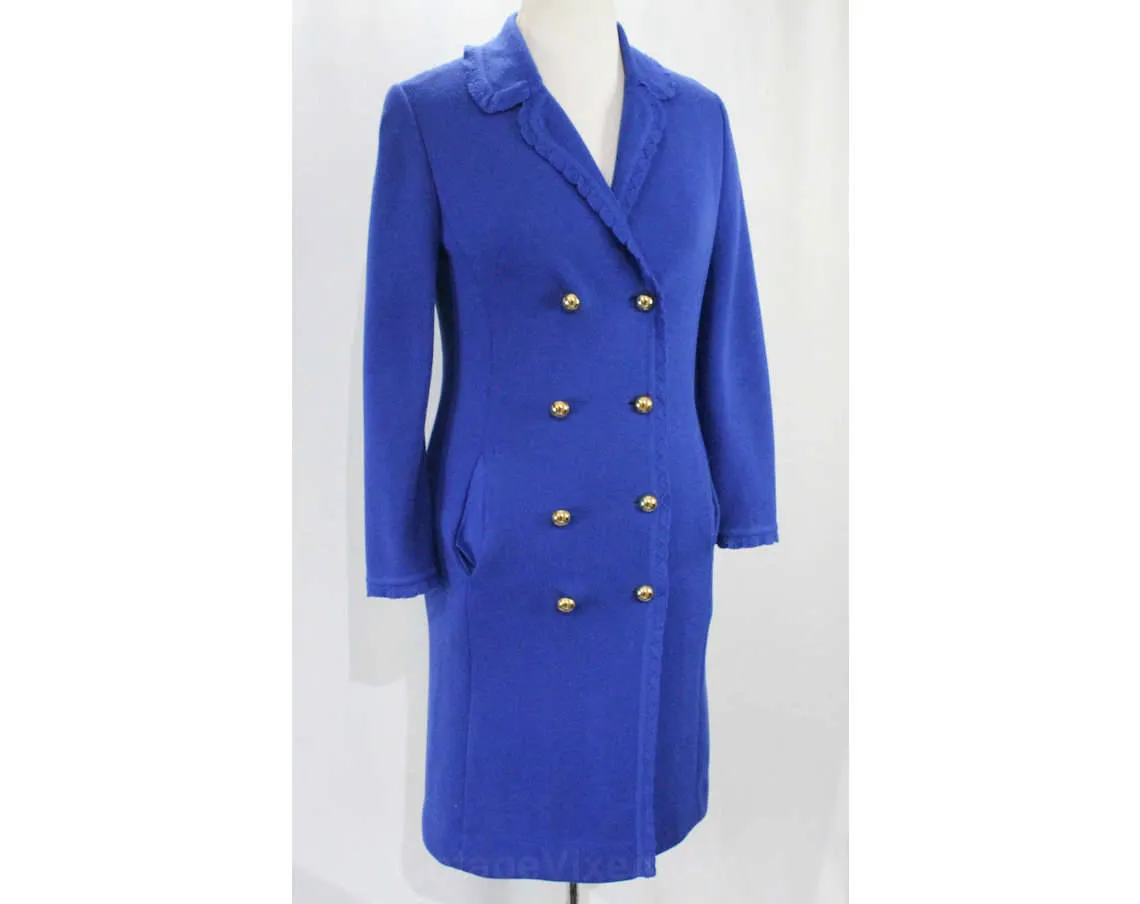 Size 4 Cobalt Blue Dress & Coat - 1960s Wool Knit Long Sleeve Sheath with Brass Nautical Buttons - 60s Double Breasted Office Wear - Bust 35