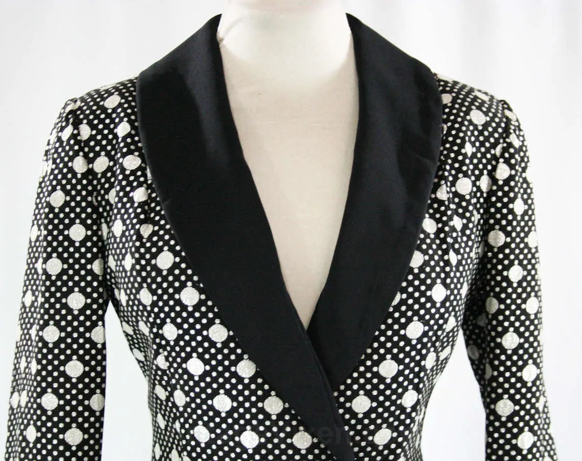 Size 8 Sarmi Jacket - Black & Silver Polka Dot Brocade - Ringmaster Burlesque - From 1960s 7th Avenue Showroom NYC - 60s - Bust 36 - 23669