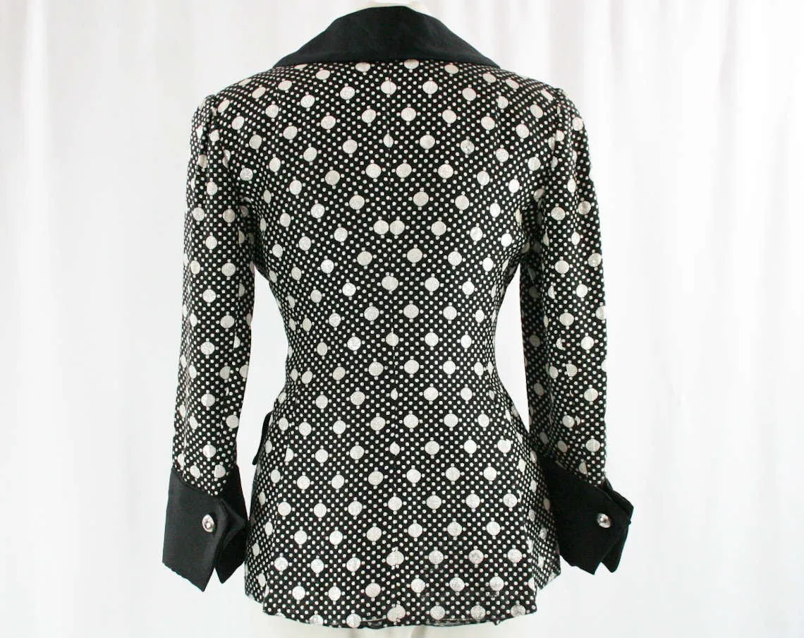 Size 8 Sarmi Jacket - Black & Silver Polka Dot Brocade - Ringmaster Burlesque - From 1960s 7th Avenue Showroom NYC - 60s - Bust 36 - 23669