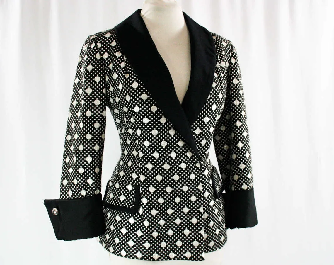 Size 8 Sarmi Jacket - Black & Silver Polka Dot Brocade - Ringmaster Burlesque - From 1960s 7th Avenue Showroom NYC - 60s - Bust 36 - 23669