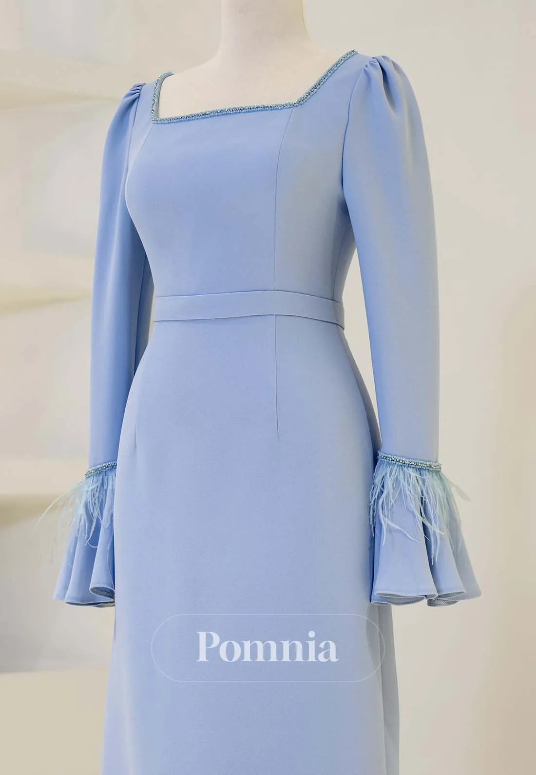 Sky Blue Long Sleeves Square Feathers Formal Evening Dress