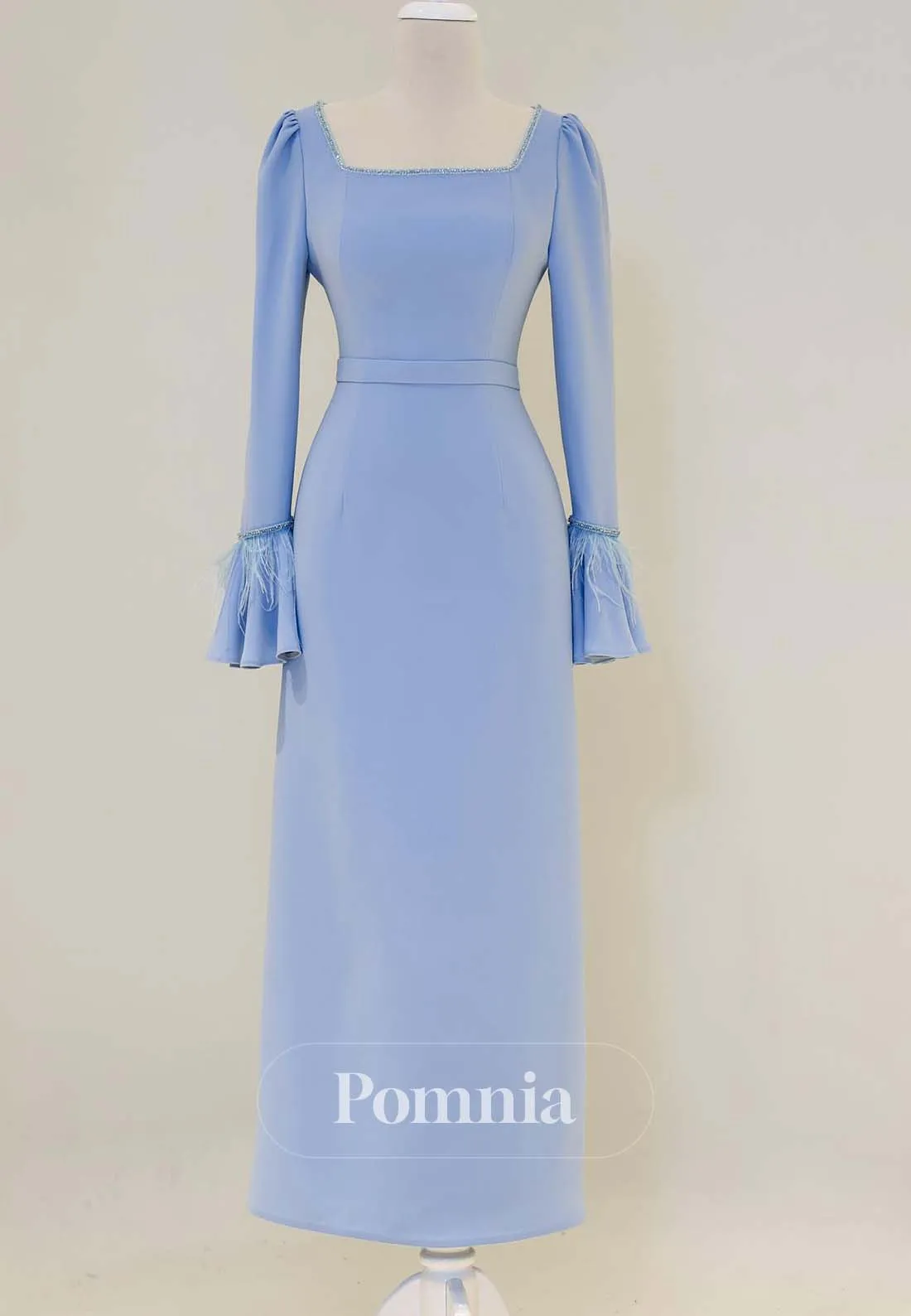 Sky Blue Long Sleeves Square Feathers Formal Evening Dress