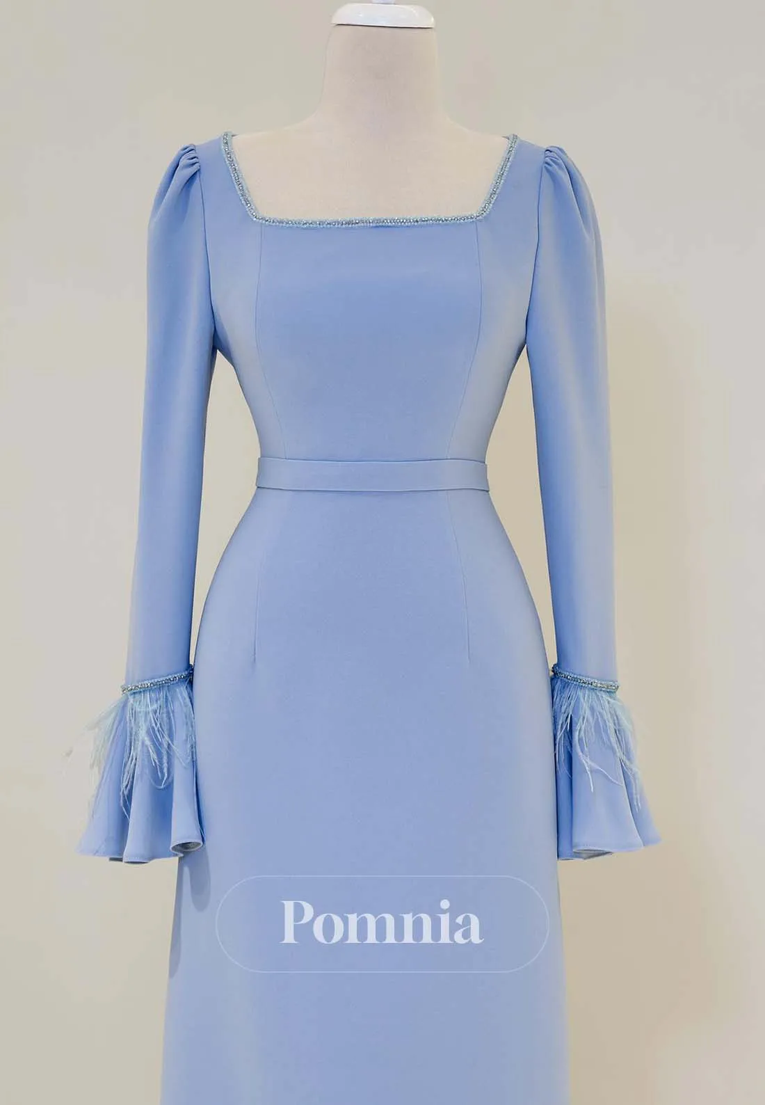 Sky Blue Long Sleeves Square Feathers Formal Evening Dress