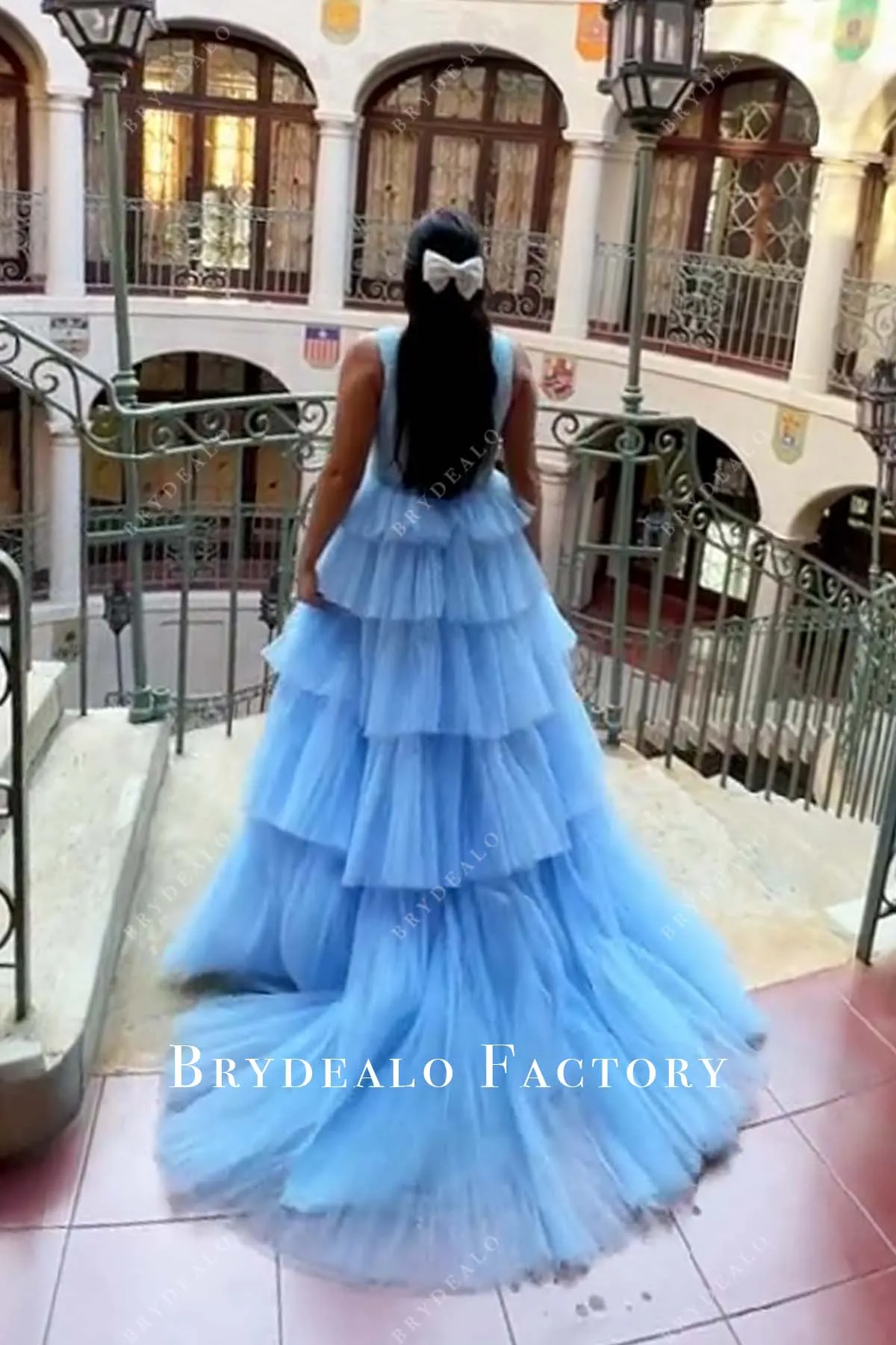 Sky Blue Ruched Tulle Princess Tiered Formal Dress