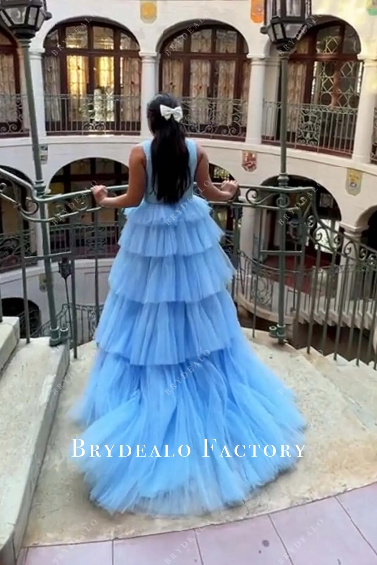 Sky Blue Ruched Tulle Princess Tiered Formal Dress