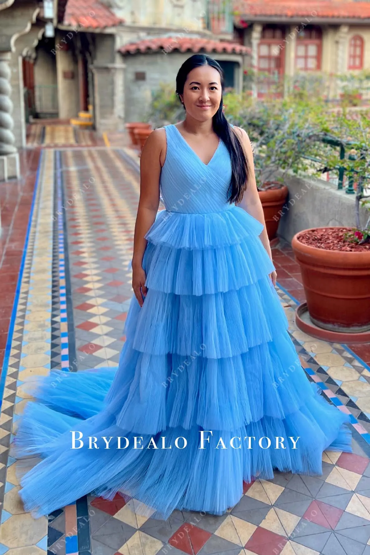 Sky Blue Ruched Tulle Princess Tiered Formal Dress
