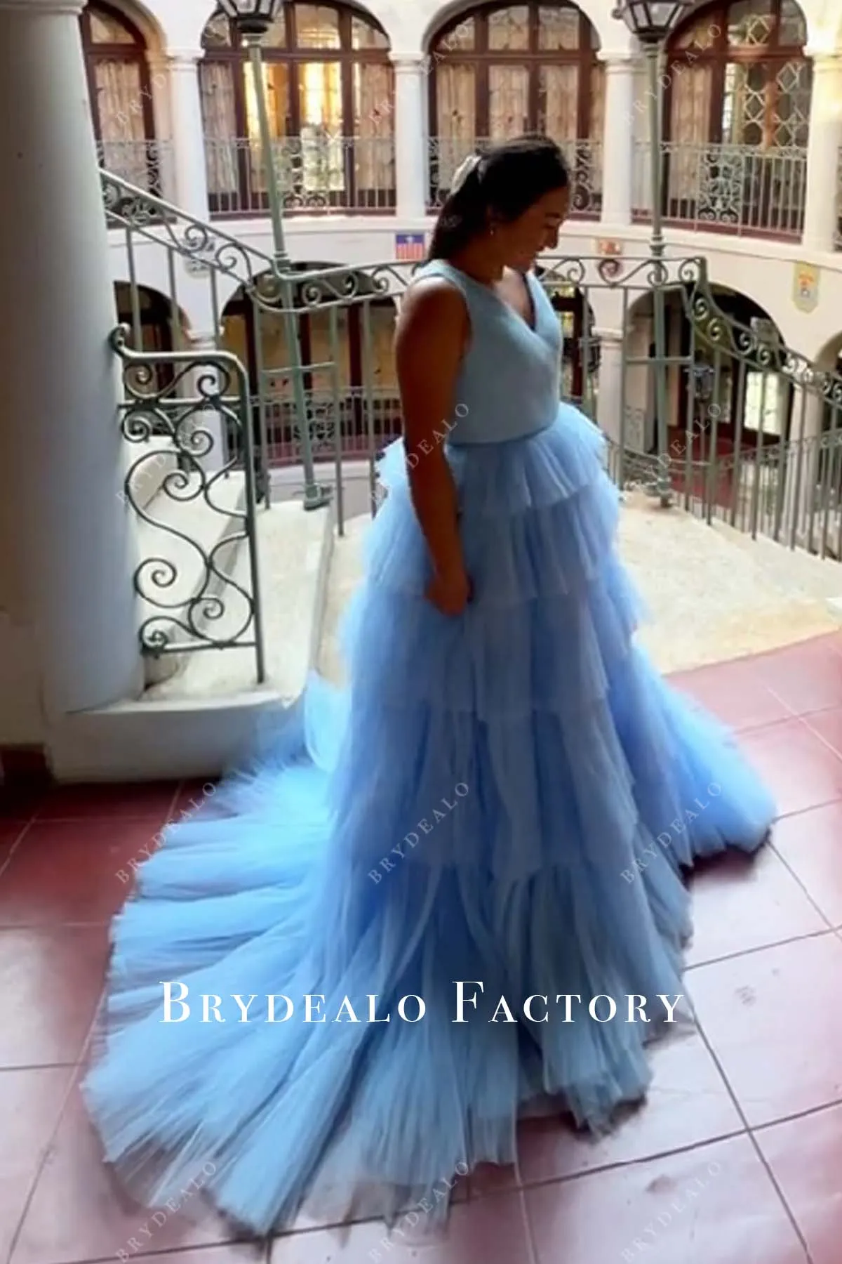 Sky Blue Ruched Tulle Princess Tiered Formal Dress