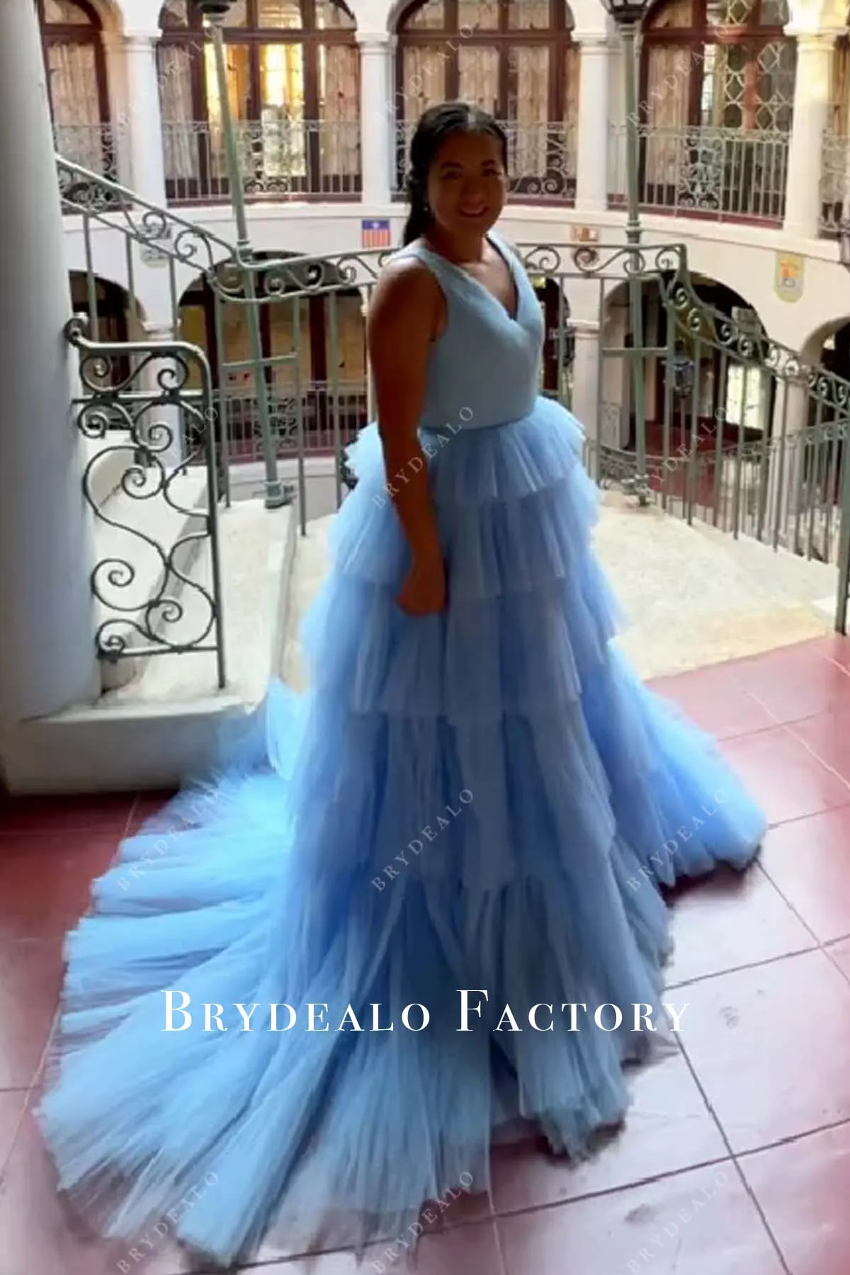 Sky Blue Ruched Tulle Princess Tiered Formal Dress