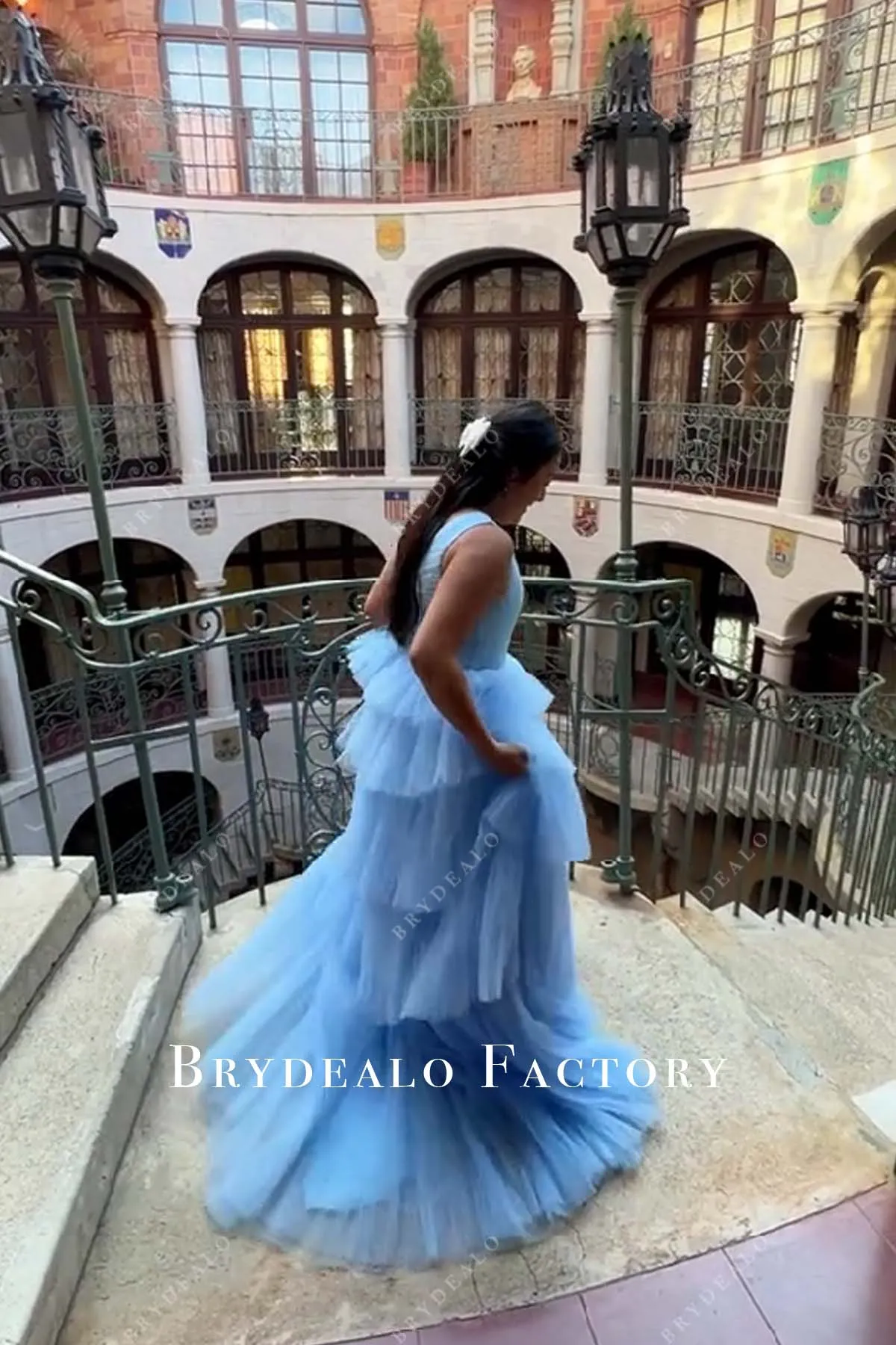 Sky Blue Ruched Tulle Princess Tiered Formal Dress